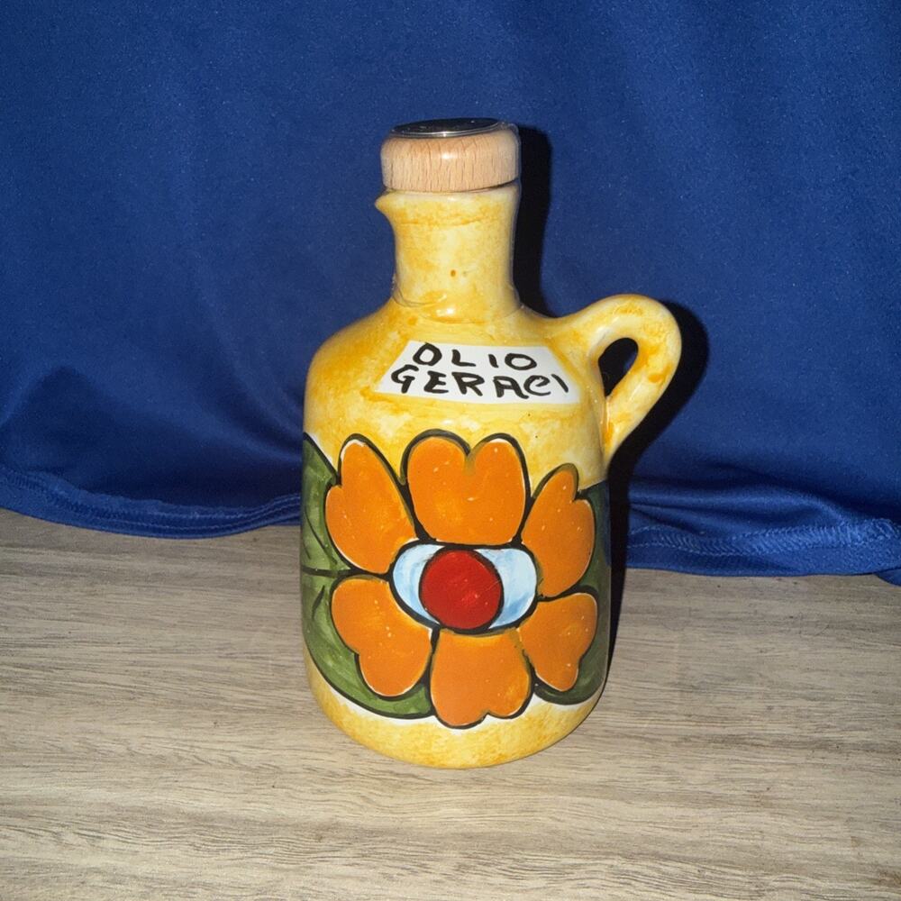 Nino Parrucca Hand Painted Oil Jar orange flower. Sealed